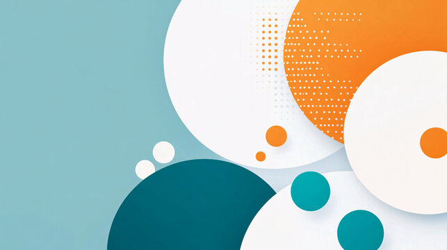 modern geometric abstract background with large and small overlapping circles in teal orange and white on a textured blue backdrop  
