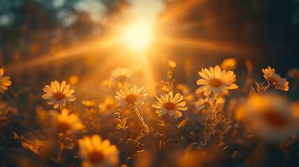 Flowers bloom under a golden sun in a peaceful meadow during sunset