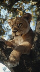A majestic lioness resting gracefully on a tree branch, basking in dappled sunlight.
