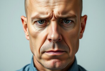 Obraz premium Bald man with a serious expression, looking directly at the camera.