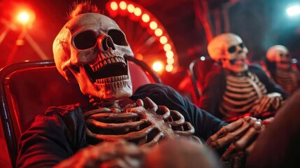 Striking imagery of skeletons lounging in amusement park rides, portraying a surreal yet humorous juxtaposition of life and death in a playful setting.
