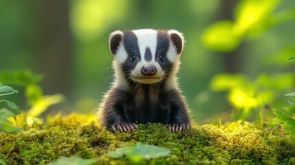Adorable baby badger in forest.