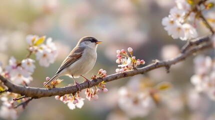 Fototapeta premium branch of a blossoming tree, surrounded by pink flowers, in a serene outdoor setting.