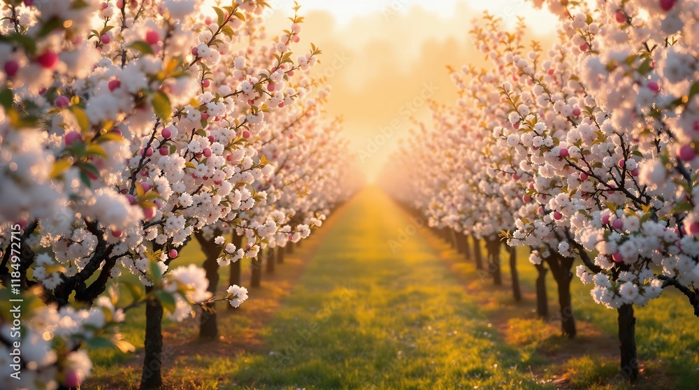 Poster beautiful garden with rows of apple trees in full bloom, creating a picturesque and serene atmospher