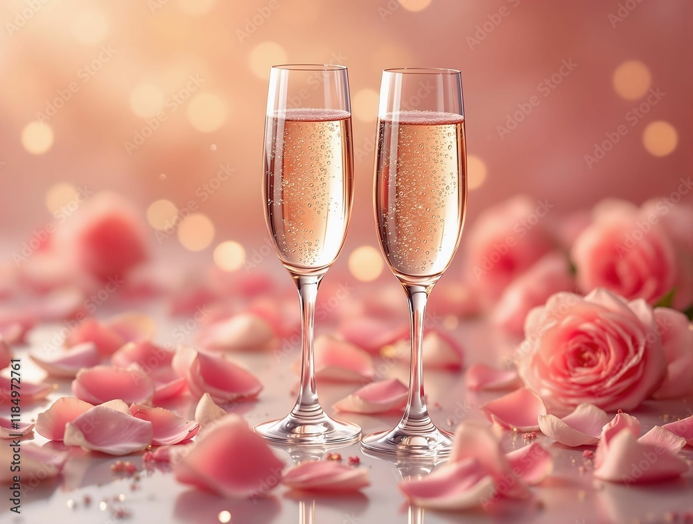 Aufkleber two glasses of champagne surrounded by pink rose petals and a blurred bokeh background, creating a r