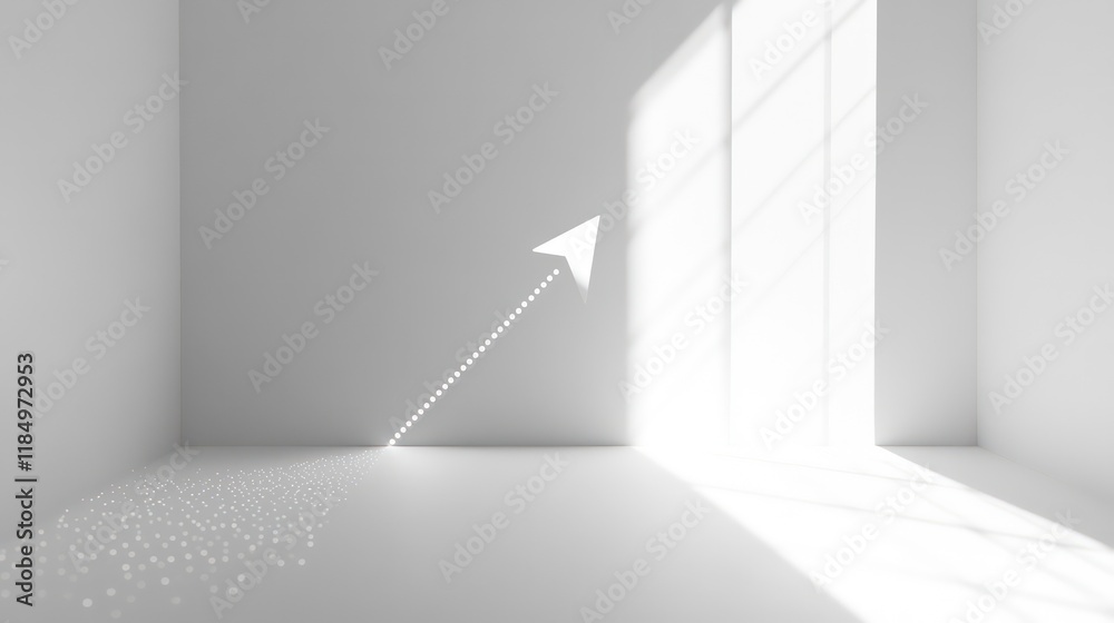 Poster white room with upward arrow and light beam symbolizing growth and progress.
