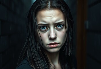 Fototapeta premium Wet young woman under heavy rain, conveying sadness and loneliness