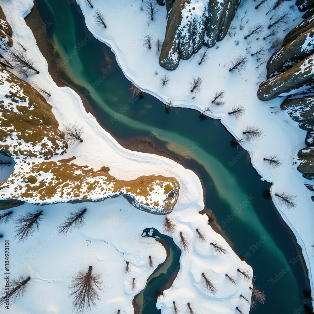 Poster high-angle view of a snowy landscape with a river flowing through it. The river is surrounded by mountains with some trees and rocky outcrops visible.