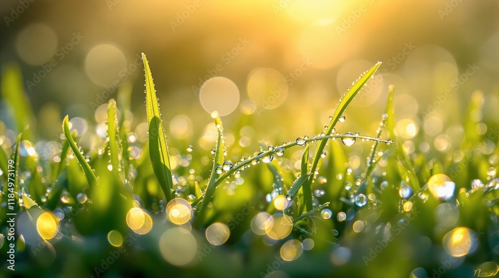 Poster close-up of vibrant green grass covered in dewdrops, backlit by a golden sunrise, creating a bokeh e