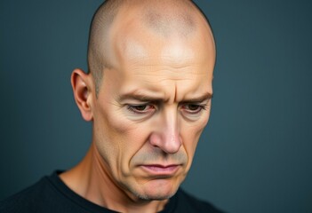Obraz premium A bald man with a worried expression, gazing downward, in a neutral or dark background