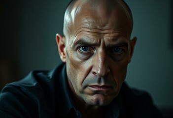 Fototapeta premium Bald man with worried expression in dimly lit room