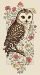 Fototapeta premium Charming owl perched amidst elegant floral patterns in artistic design