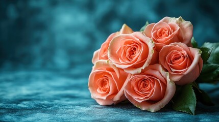 Peach roses bouquet on teal background.