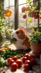 Cute golden-brown guinea pig enjoying fresh vegetables in a sunny, plant-filled setting.