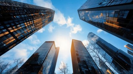 Fototapeta premium This artistic image showcases a dynamic skyline filled with modern glass buildings reflecting sunlight, symbolizing urban development and architectural beauty.