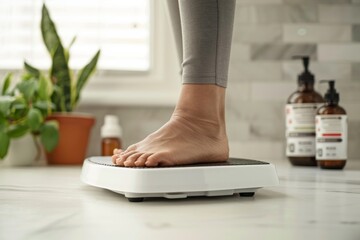Fototapeta premium Morning routine: stepping on scale