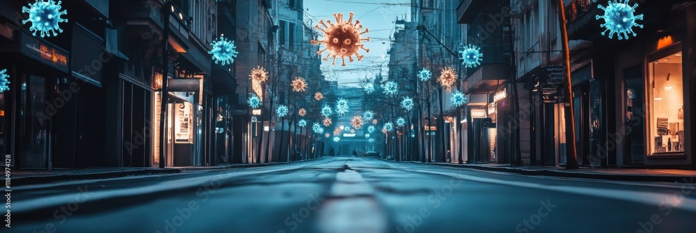 Aufkleber empty urban street adorned with symbolic virus motifs during twilight hours. generative ai