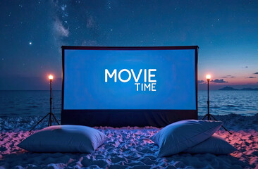 Outdoor movie night on the beach under the starry sky