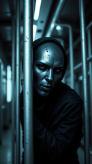 A person with an AI-like appearance standing inside a public transport vehicle at night.