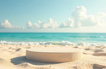 Beach podium summer background sand product 3D sea display platform. Beach podium summer banner stand scene sale sky holiday vacation stage water island sun travel pedestal promotion