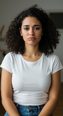 Woman expressing sadness in casual white t-shirt indoors