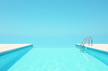 Empty swimming pool with clear water and ladder against blue sky background, creating a serene summer vibe