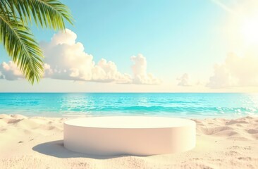 Beach podium summer background sand product 3D sea display platform. Beach podium summer banner stand scene sale sky holiday vacation stage water island sun travel pedestal promotion