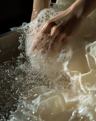 Fototapeta premium A close-up of hands gently washing delicate fabrics in soapy water, creating a serene and calming atmosphere.