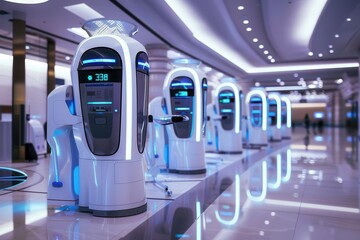Futuristic kiosks in a modern, illuminated space, suggesting advanced technology and automation.