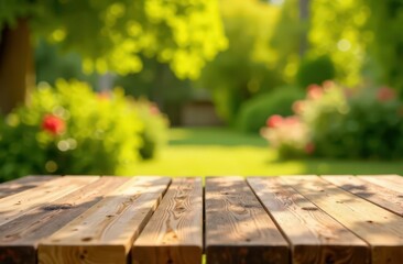 Summer time party in backyard with empty wooden table and blurred background