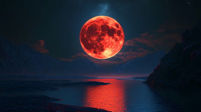 A glowing blood moon illuminating the night, with open copy space for message or branding. no people, surreal and captivating view. Twilighted. Illustration
