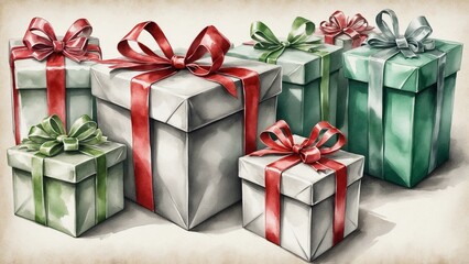 Fototapeta premium Hand-painted gift boxes with pastel presents, delicate bows, and ribbons in red, green, and silver, arranged artistically on textured paper