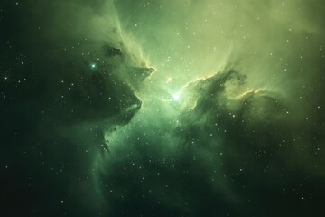 Fototapeta premium A mesmerizing nebula, glowing green with embedded stars, reveals the beauty of interstellar clouds and cosmic dust.