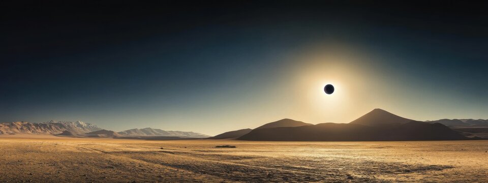 A surreal shot of a total solar eclipse viewed from the remote Atacama Desert, Eclipse scene, Surreal style