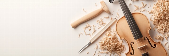 Exploring the artistry of violin making with tools and wood shavings in a creative workshop setting
