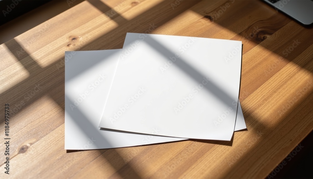 Aufkleber Close-up of a realistic flyer mockup placed on a wooden surface with soft shadows, emphasizing the texture and design