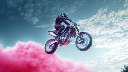 Motorcyclist performing a stunt jump with pink smoke and cloudy sky