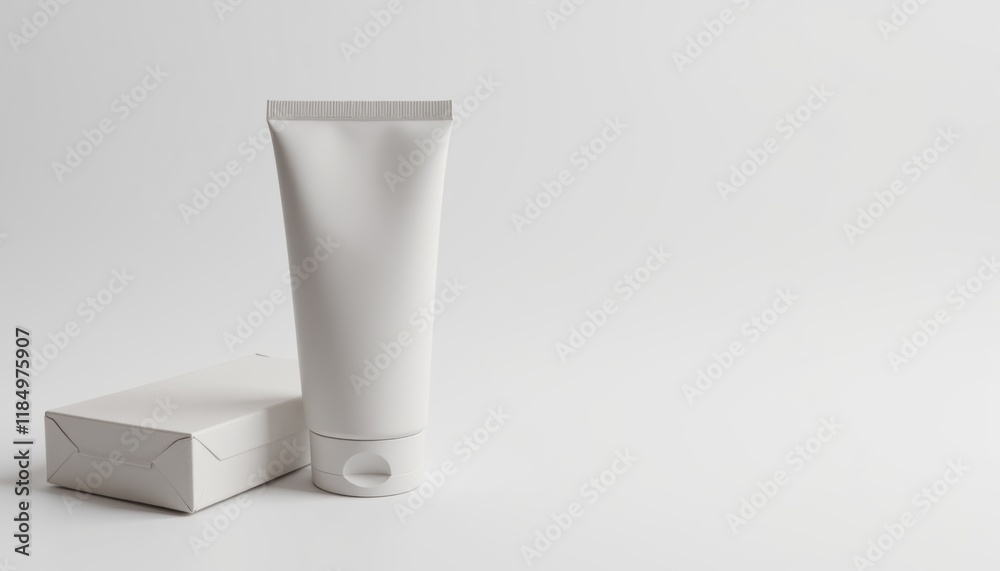 Poster Close-up of a tube box mockup on a white surface, showcasing the cylindrical shape and realistic texture with soft lighting