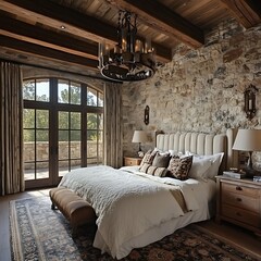 Plush headboard design complemented by vibrant pillows in luxurious bedroom decor