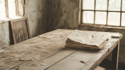 Obraz premium Dusty papers on old wooden table in abandoned room.