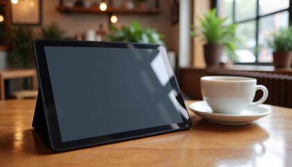 Realistic tablet mockup in a coffee shop setting, resting on a table with a cup of coffee beside it, with natural lighting