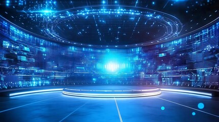 A stage with a high-tech futuristic design featuring a 360-degree projection screen 