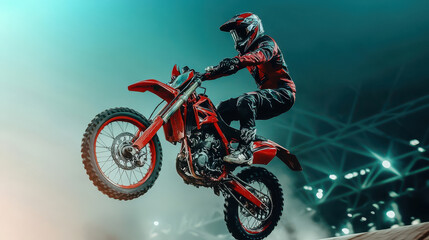 Motocross rider performing a jump on a dirt bike in a stadium