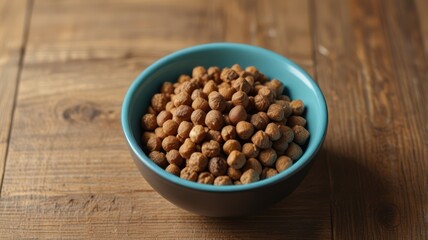 closeup of blue bowl of buckwheat on the wooden table 