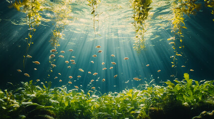 Underwater life thrives with sunlight filtering through vibrant aquatic plants