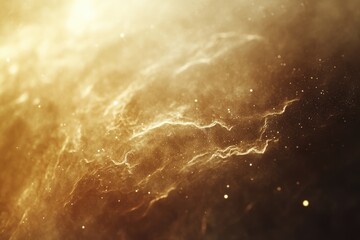 Abstract golden background with swirling nebula-like textures and glittering particles.