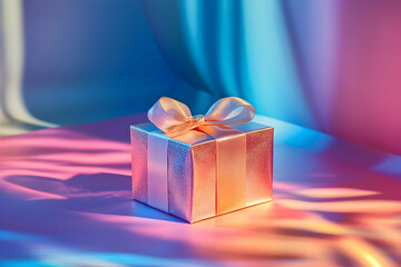 Festive gift box with a shiny ribbon on a colorful background, ideal for holiday promotions