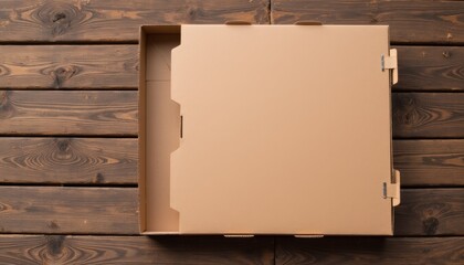 Pizza box mockup with a minimalistic design, placed slightly open on a rustic wooden surface