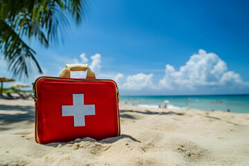 First aid kit on a sandy beach during a sunny day, emphasizing safety in leisure settings