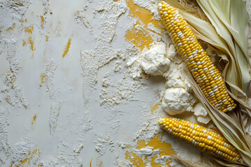 Fresh cornstarch scattered on a textured surface alongside vibrant yellow corn cobs and husks